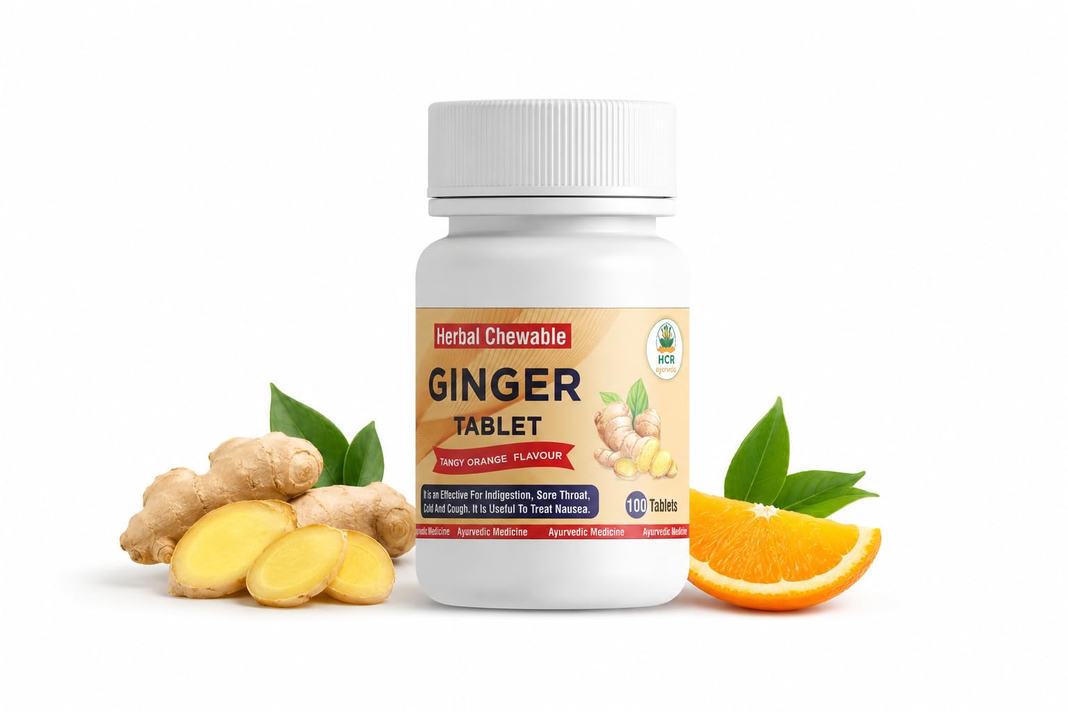 GINGER TABLET Organic Herbal Chewable Ginger Tablets with Orange Flavour | Natural Ayurvedic Sunth (Zingiber Officinale) 250mg | Supports Digestion, Cold & Cough Relief | 100 Tablets