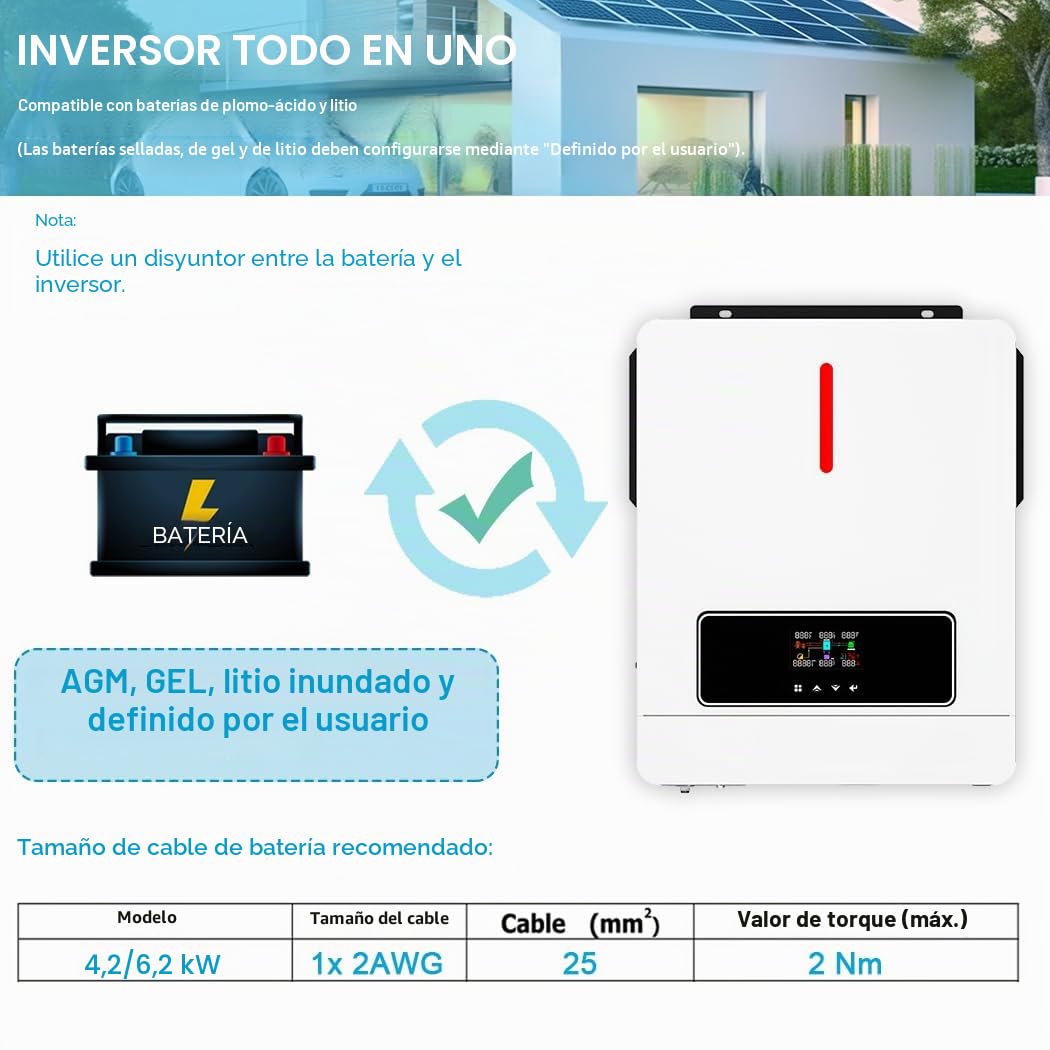Y&H Inversor híbrido solar 6,2 kW, 24/48 V, AC220 V, potencia de salida dual, MPPT 120 A, cargador solar, potencia máxima fotovoltaica, entrada 6500 W, comunicación WiFi