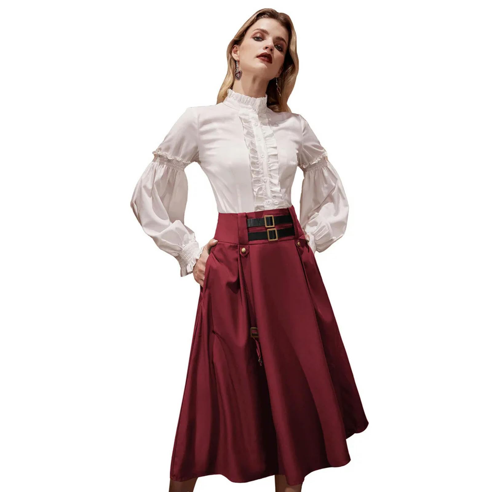 Gonne a Trapezio Gotiche Steampunk gonne da Donna gonne Svasate Elastiche a Vita Alta con Cintura Regolabile Gonna Punk con Tasca-Viola tirio-L