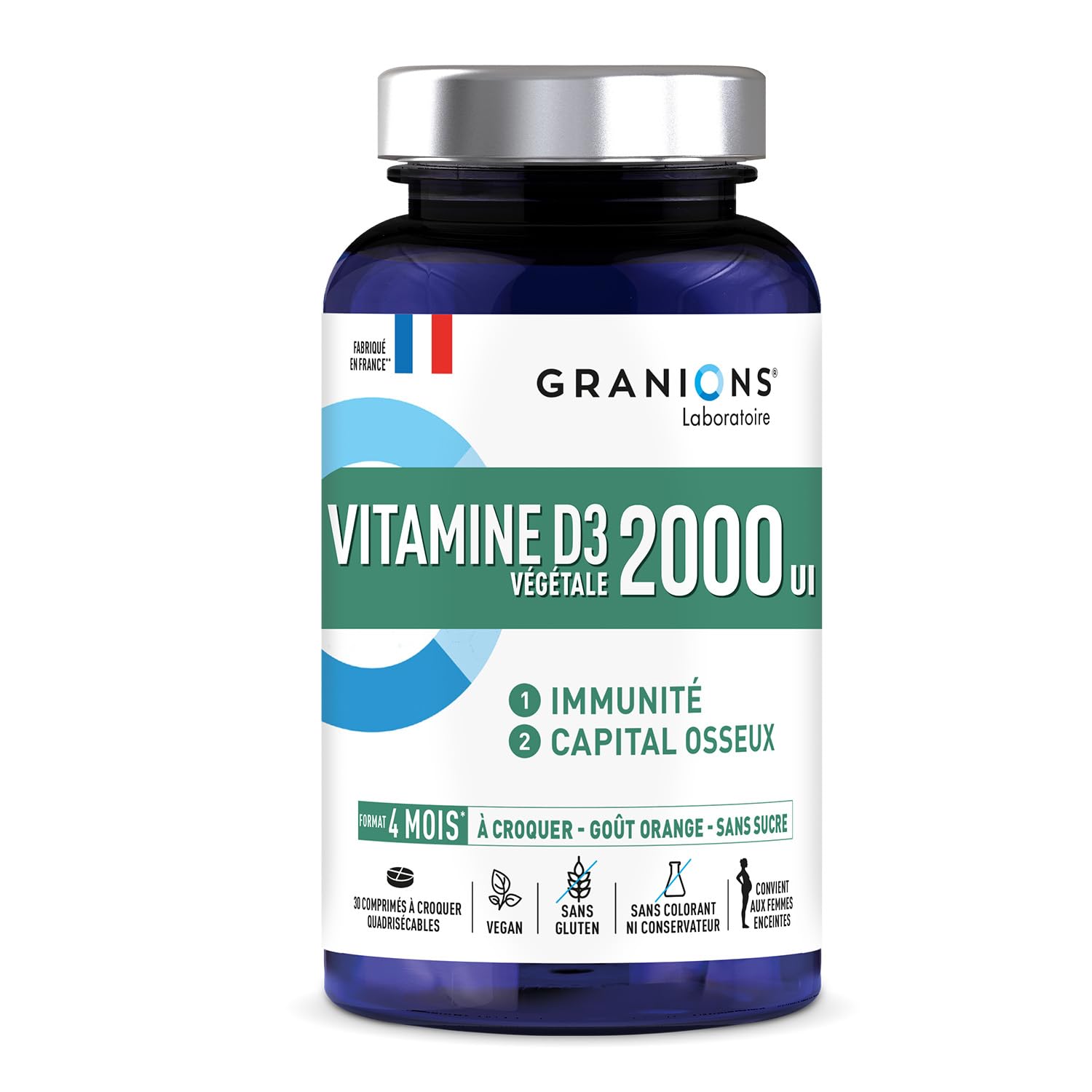 GRANIONS Vitamine D3 2000 Ui – Immunité Et Capital Osseux – Source Végétale Issue Du Lichen – 30 Comp à Croquer -​jusqu'à 4 mois d'utilisation– Végétariens et Femmes Enceintes – Made In France