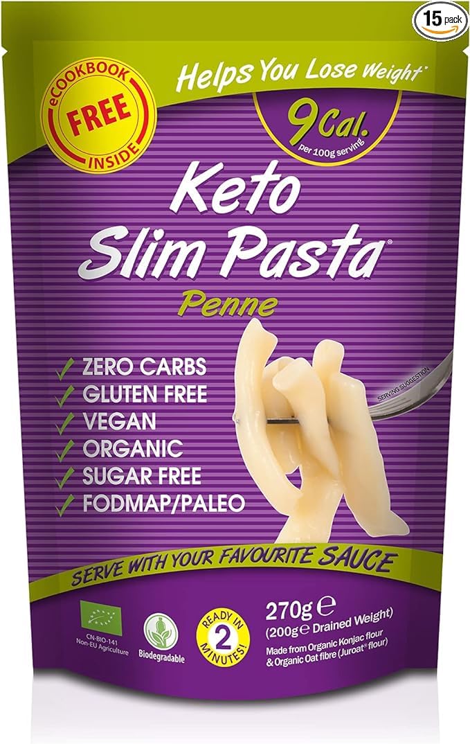 Eat Water Keto Slim Penne Pasta (Pack of 15 x 270g) Organic Konjac Flour & Oats Shirataki Pasta, Zero Carb, Low Calorie, Gluten, Fat & Sugar Free, Vegan High Fibre Ready to Eat, Paleo Diet Friendly
