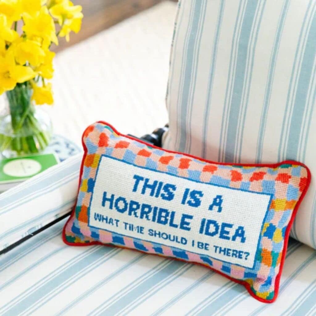 FURBISH Needlepoint Decorative Throw Pillow - This is a Horrible Idea - 9" x 15" - Small Embroidered Accent Pillow for Bed, Chair, Couch, Sofa - Eclectic Home Decor