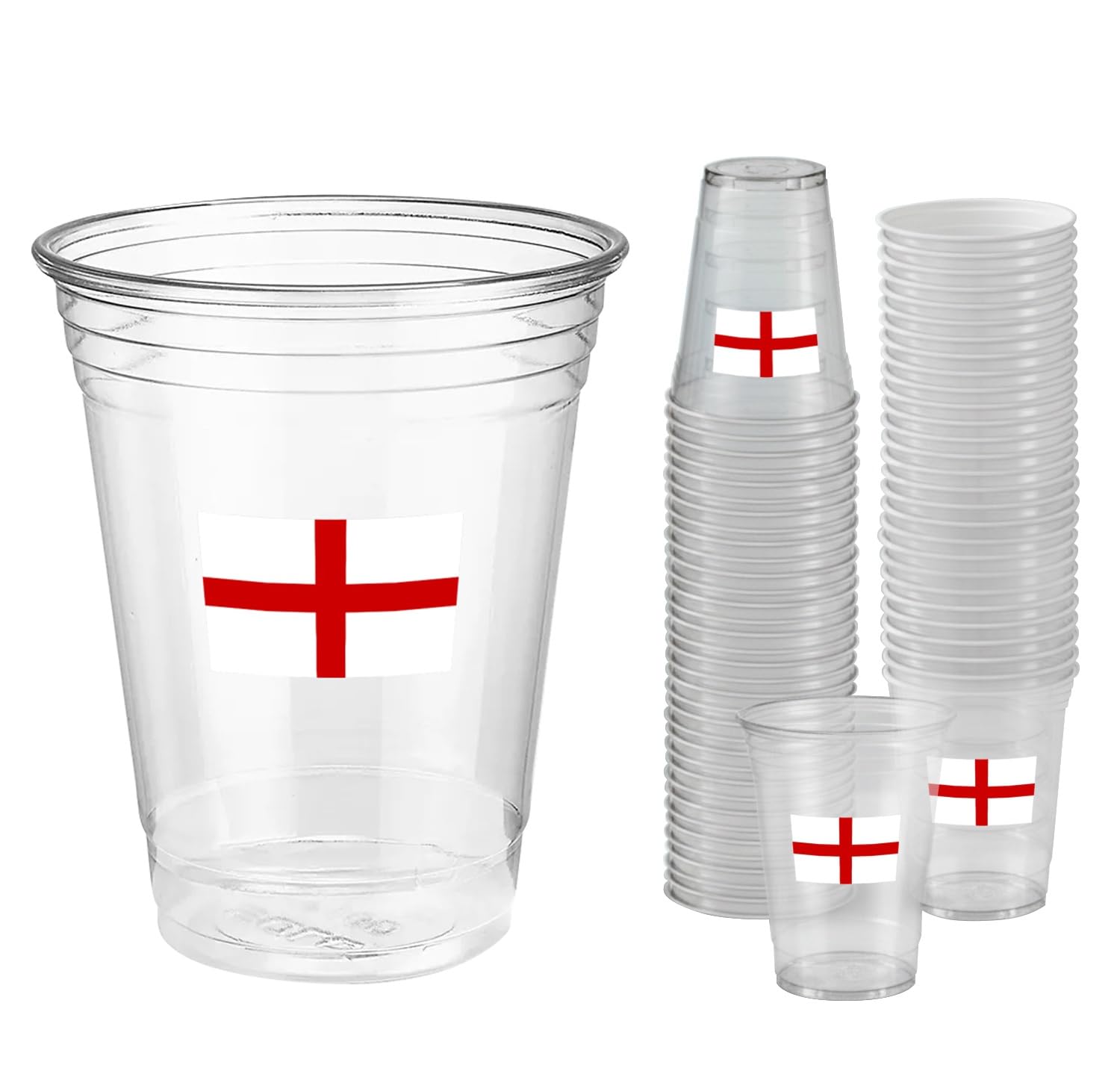 Komonee 100 x England Clear Cups 570ml (20oz) - Wide Rimmed Disposable Plastic Pint Glasses for World Cup, Football, Euros, Rugby, Parties & Adult Novelty