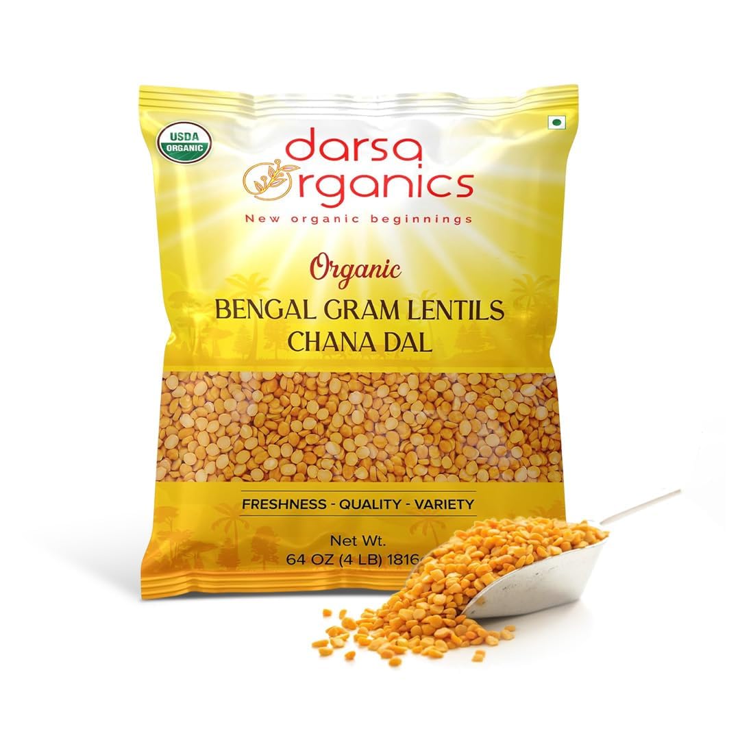 Darsa Organics Chana Dal 4 lb - Premium Organic Bengal Gram Lentils, USDA Organic Yellow Split Chickpeas, Non-GMO, Chemical-Free, Yellow Lentils Ideal for Dal & Vegan Recipes, Kosher