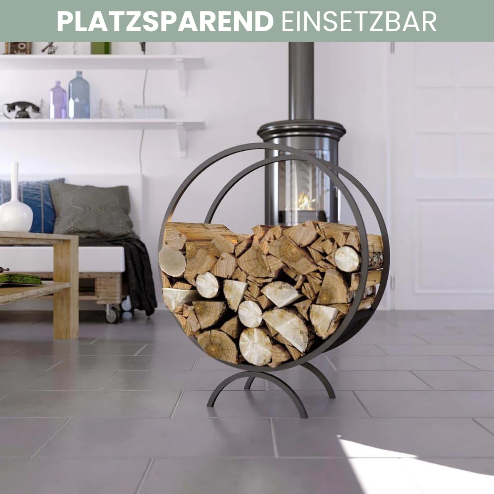 DELUKE Brennholzregal innen Metall FUSI | Rund, Schwarz | Kaminholzständer Feuerholzregal Kaminholzhalter Holzständer Holzhalter innen Holzlager