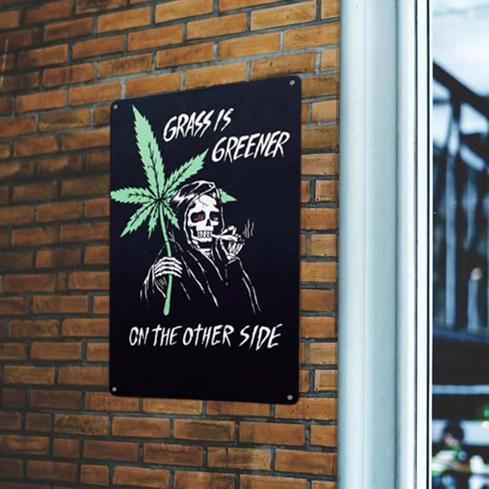 Impressed Reefer Reaper Marijuana Vintage Tin Sign - Gothic Emo 90s Retro Trippy Skeleton Grunge Weed Man Cave Hippie Stoner Accessories for Men - Funny Print College Dorm Wall Hanging Skull Decor for Teens - 420 Goth Aesthetic Signs Decoration Stuff for Girls - Cool 420 Basements & Apartment Bedroom Poster image 4