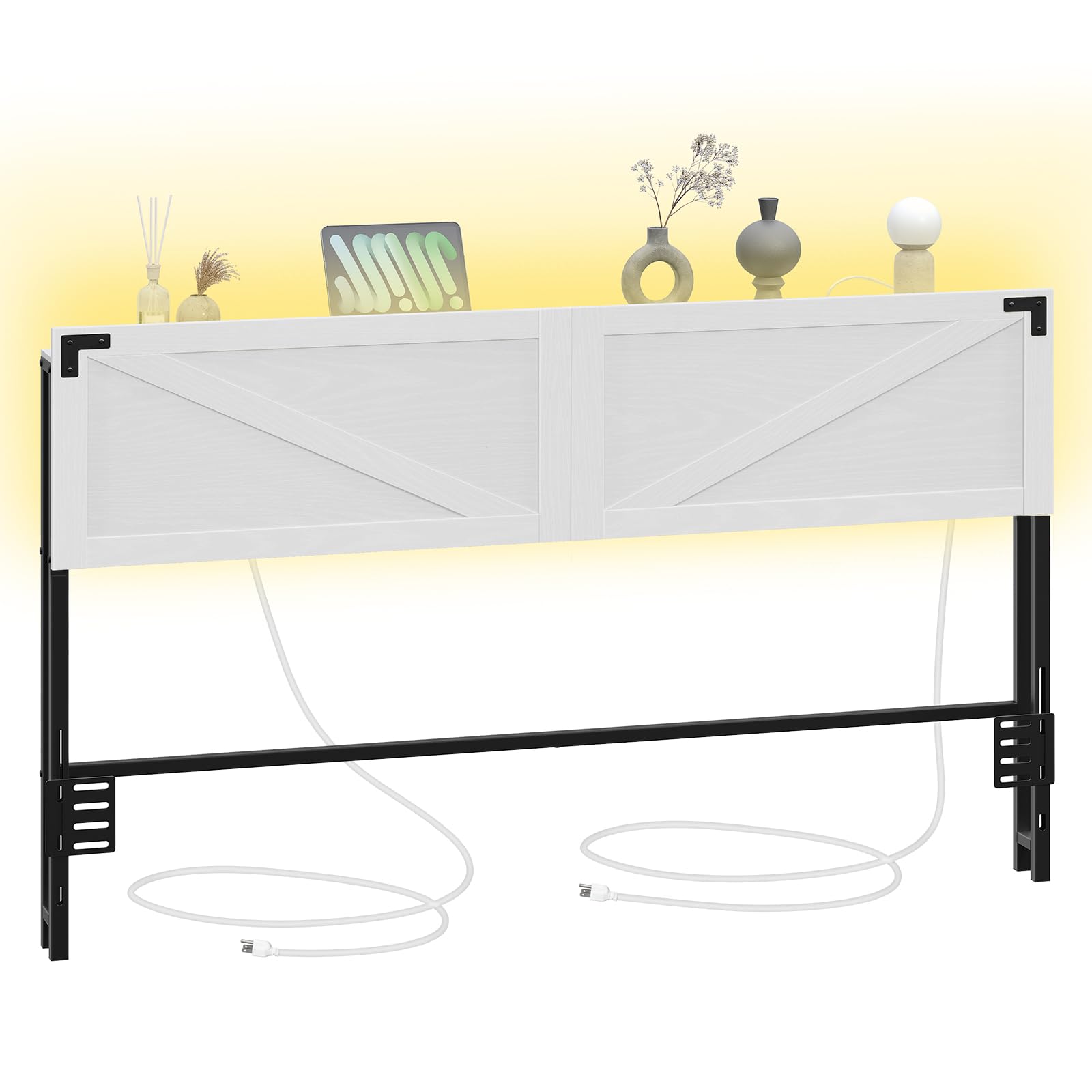 Cabecera tamaño King con 2 salidas y 4 puertos USB, cabecera de granja, con luces LED, almacenamiento seguro con valla elevada, con adaptador de marco de cama, color blanco y negro 9
