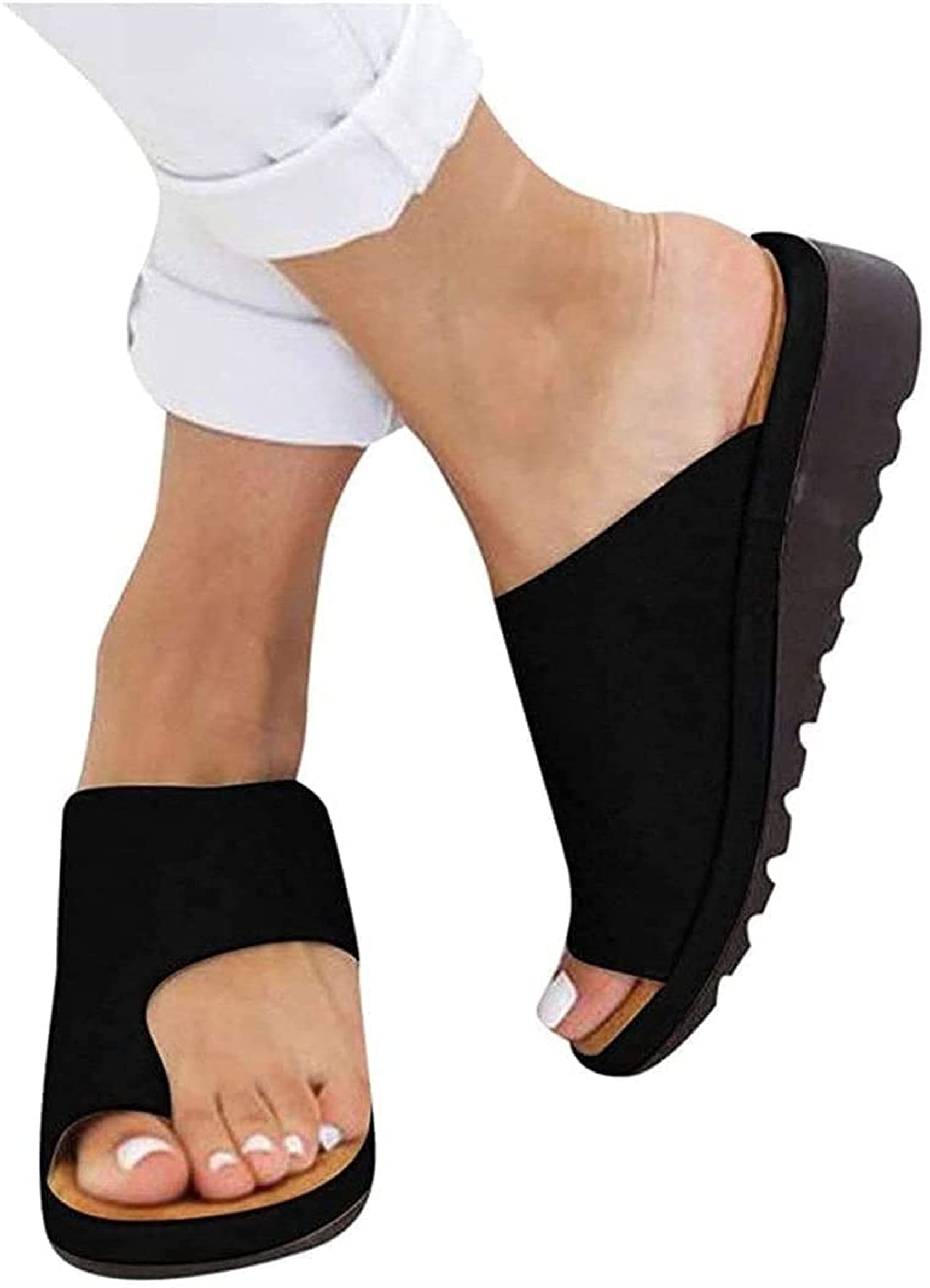 Sandales correcteur de bunion de couleur solide pour femmes en cuir PU noir chic