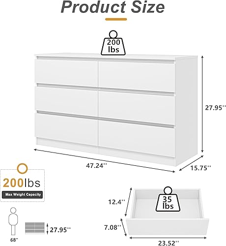 Miniatura 3 de Vibe & Dine Cómoda blanca, moderna cómoda doble de 6 cajones para dormitorio, cómoda de madera con amplio almacenamiento para sala de estar