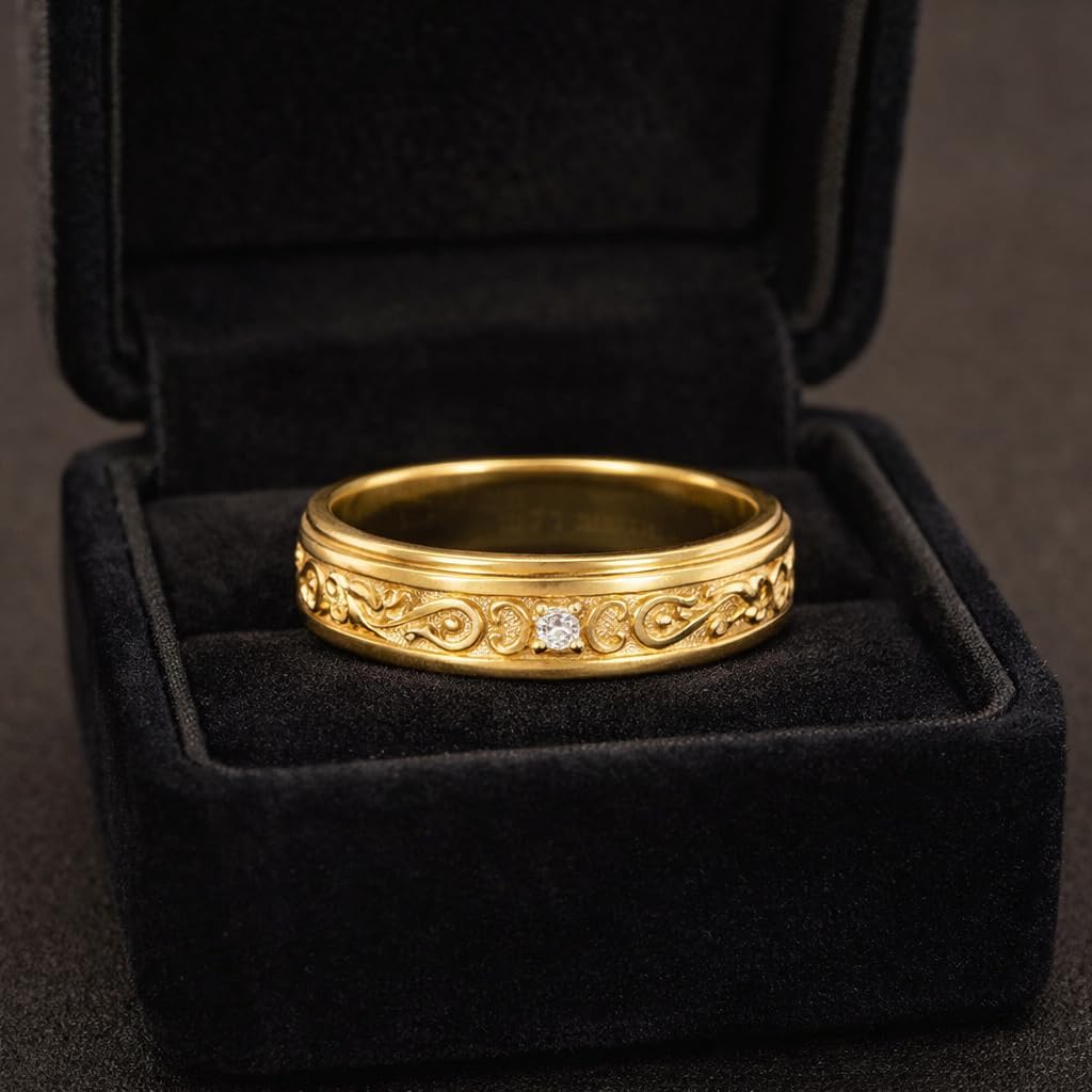 14K Solid Yellow Gold Vintage Wedding Band Engraved Floral CZ Diamond Accent Ring Antique Style Anniversary Band Comfort Fit Handmade Jewelry Gift For Her