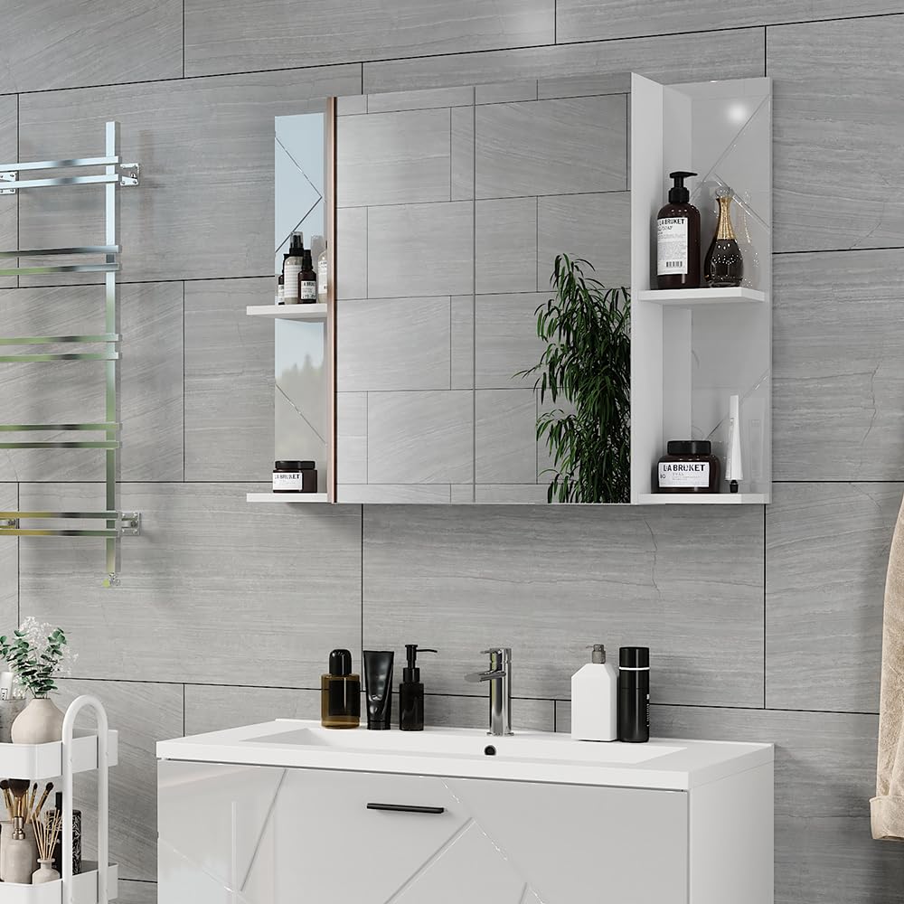Vicco Mobile a specchio per il bagno Irma, Bianco/bianco lucido, 100 x 75 cm con 2 porte, con specchio e ripiani regolabili