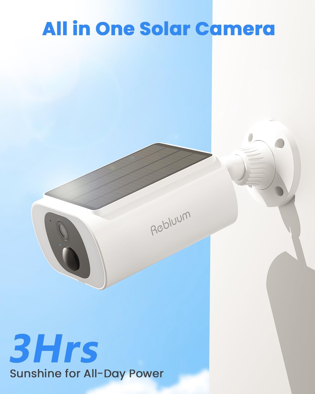 Rebluum solar camera with 3 hours sunshine for all-day power