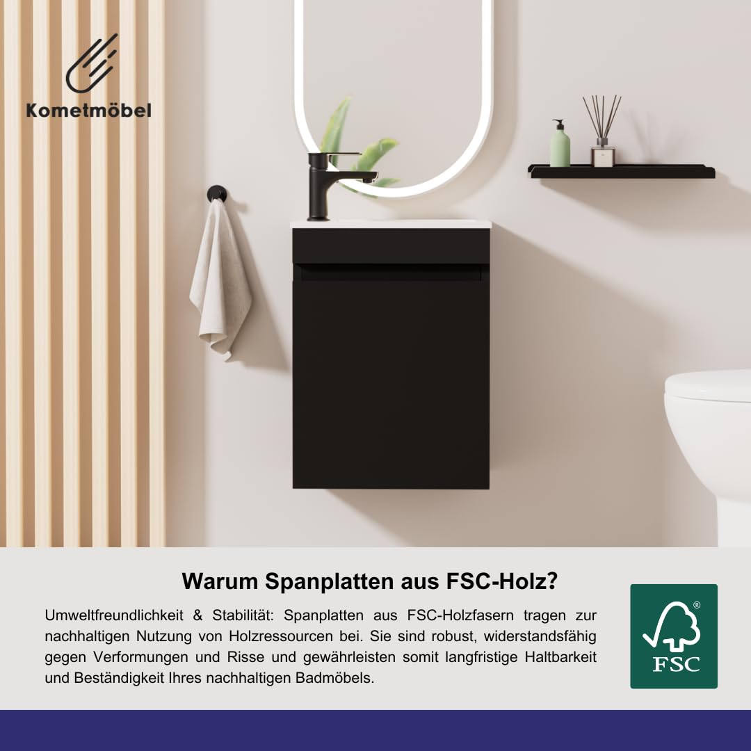 Gäste-WC Waschtisch Set 40 cm Vormontiert Klein Waschbecken mit Unterschrank (Schwarz 40cm, Mit Wasserhahn Schwarz)