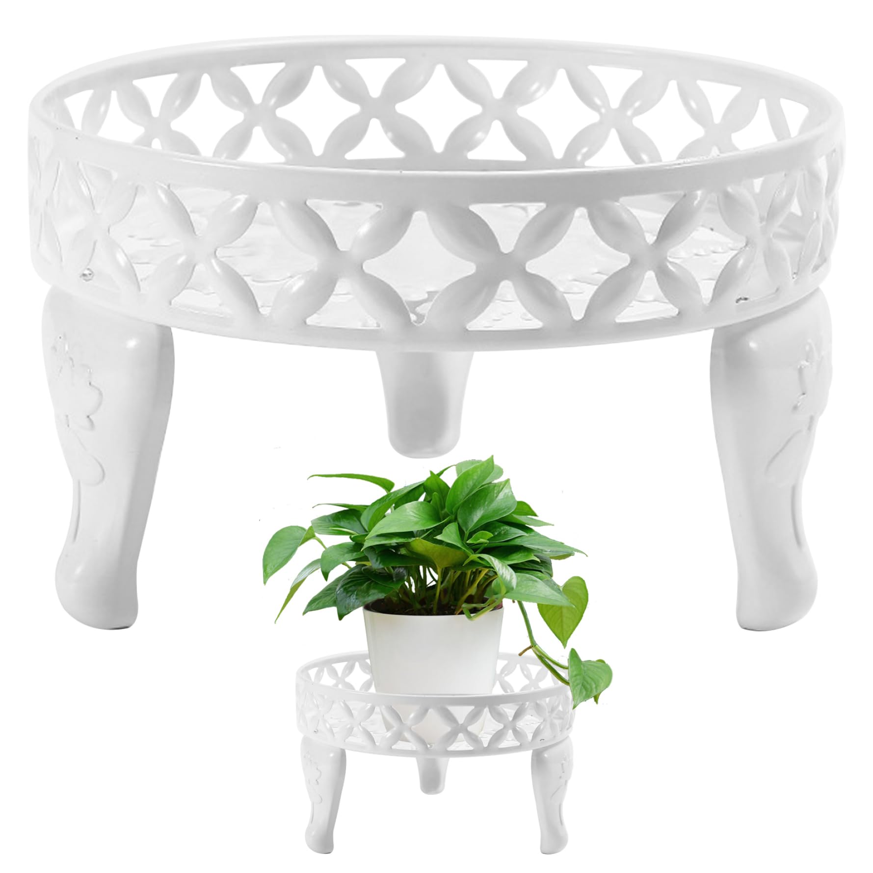 Hperu White Metal Plant Stand 5.9 Inches Tall Plant Stand Indoor Rustproof 9.8 Inches Round Flower Pot Holder Decorative For Floor Windowsill Desktop, Flower