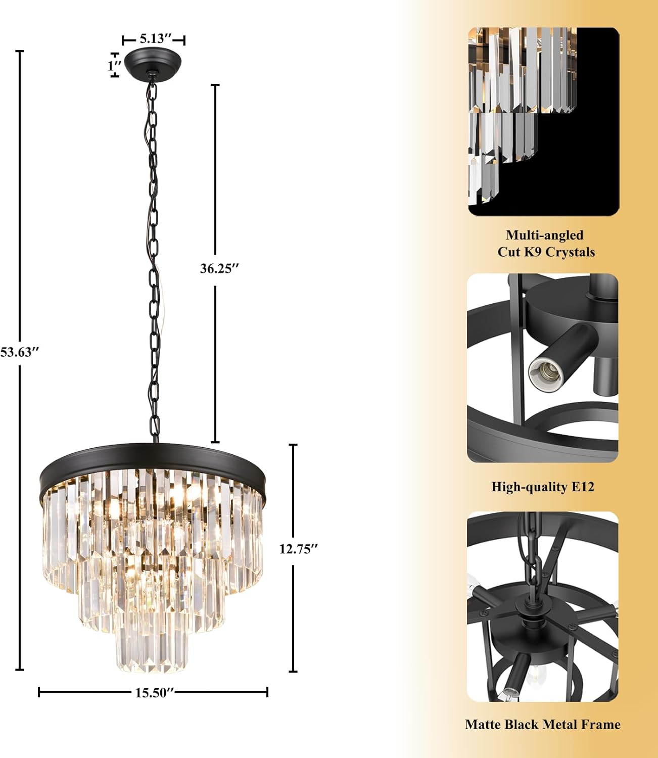 Zevluck Black Crystal Chandeliers for Dining Room, 3-Tiers Modern Chandelier Light with Chain, 15.5'' Foyer Crystal Chandeliers, Black Chandelier for Kitchen, Living Room, Dining Room
