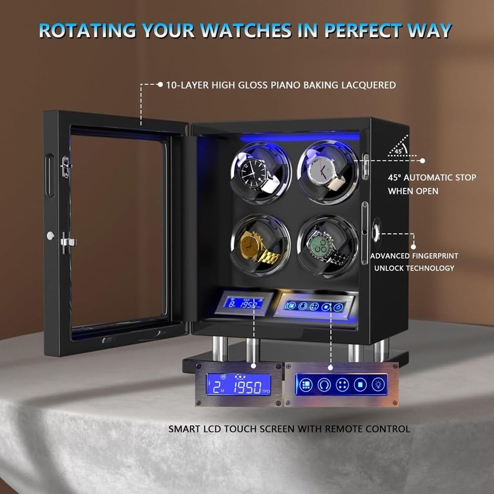 Relojero Automatico, Caja Relojes Automáticos Enrollado Vertical de 90° 3 Winding Slots | Desbloqueo Mediante Huella Dactilar Control Mediante Pantalla Táctil Iluminación Ambiental Ultrasilencioso <10 Db