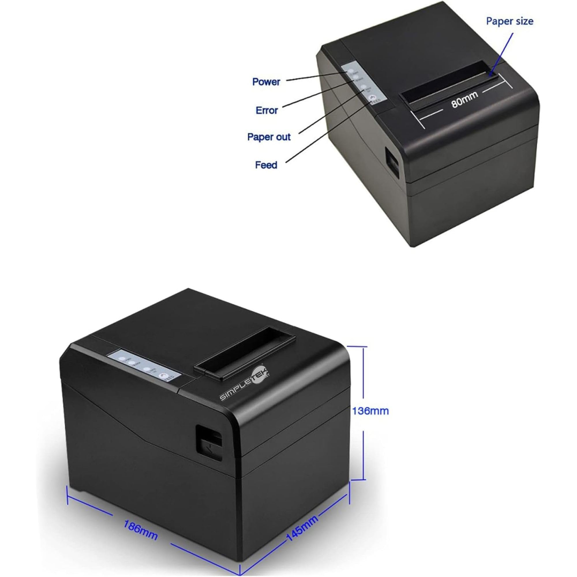 SIMPLETEK – Stampante termica 80mm USB + LAN | ESC/POS | centri scommesse, comande, ricevute | Compatibile Windows 7/10/11 e con cellulari via ethernet