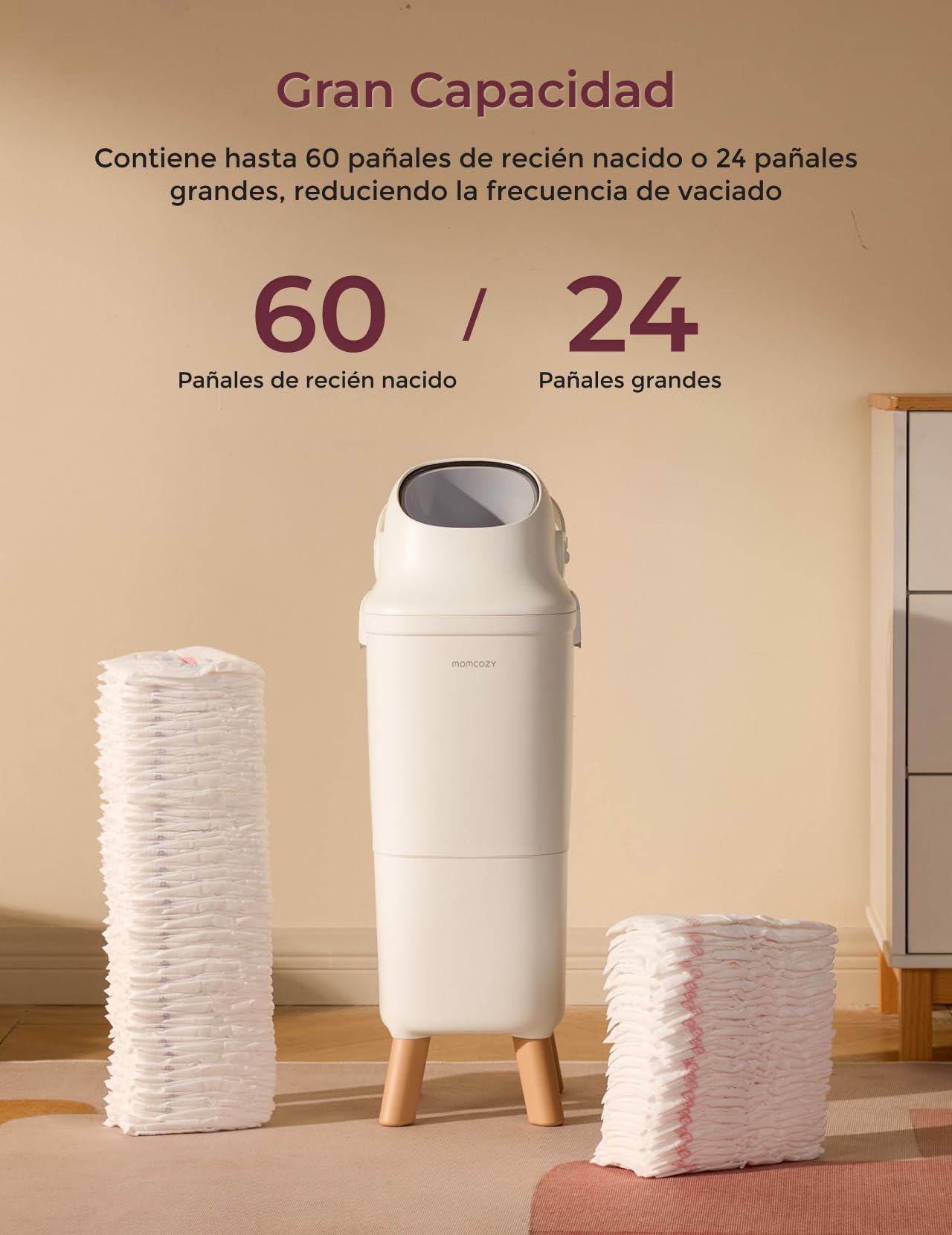 Momcozy Papelera Pañales Bebe para Control de Olores, Basura Pañales Bebe de Gran Capacidad con Ventana Amplia de Visualización, Cierre de Seguridad Infantil, Compatible con Bolsas de Basura Estándar