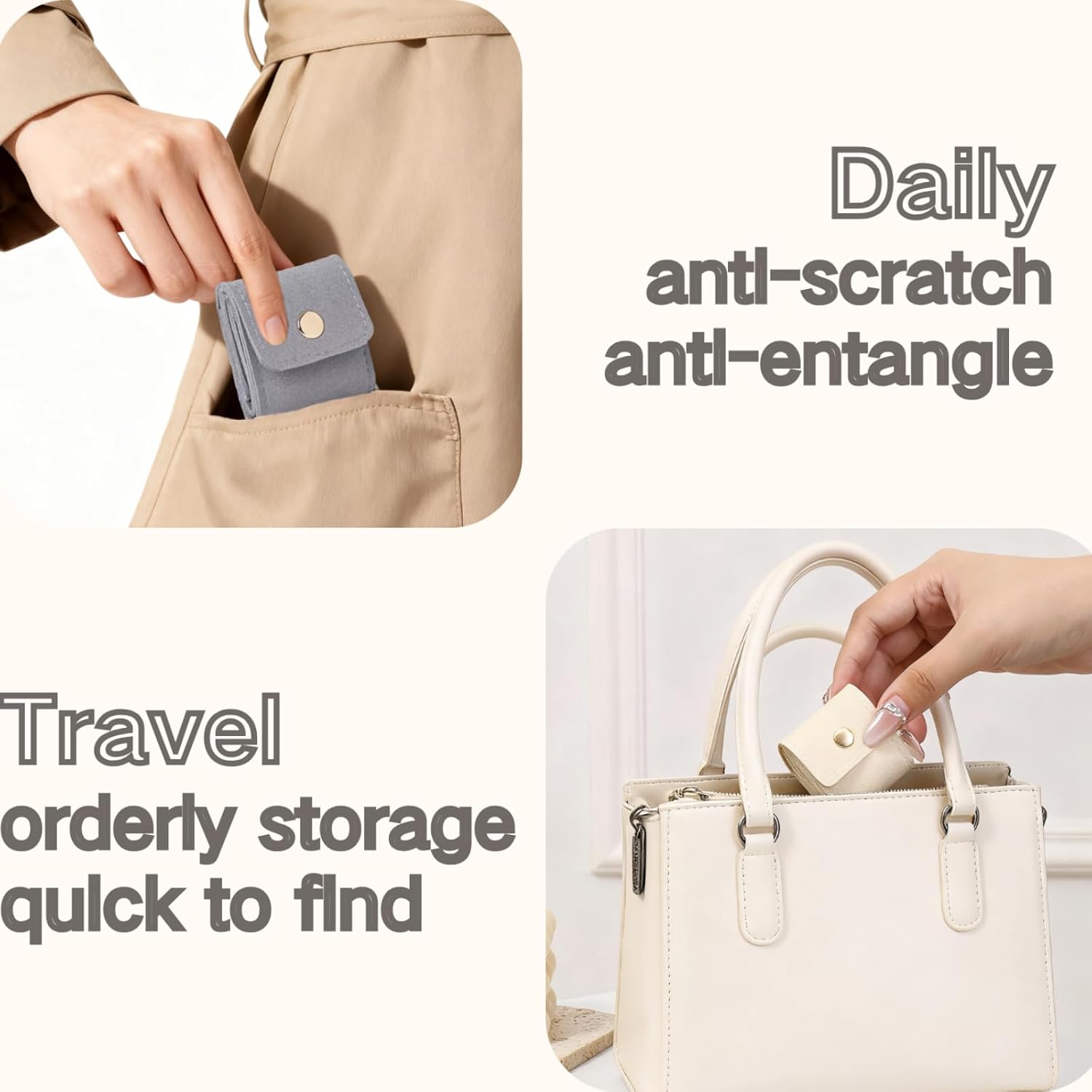 Mini Travel Jewelry Bag,Mini Jewelry Pouch,Protable travel Jewelry Storage Organizer Case,Small Jewelry Storage Roll with Buckle for Earrings,Rings,Necklaces (Pink+Gray+Off-white, 3Pcs)