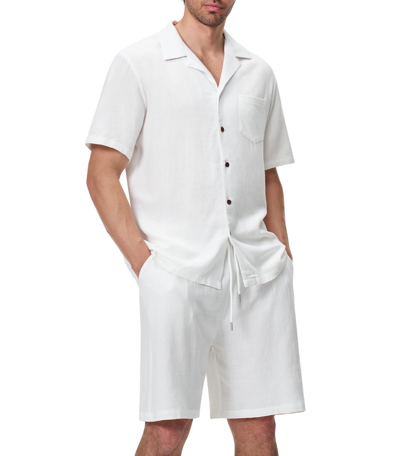 Suwangi Uomo Completi Manica Corta Bottone Camicia e Pantaloncini Estate Spiaggia 2 Pezzi in Lino con Tasche