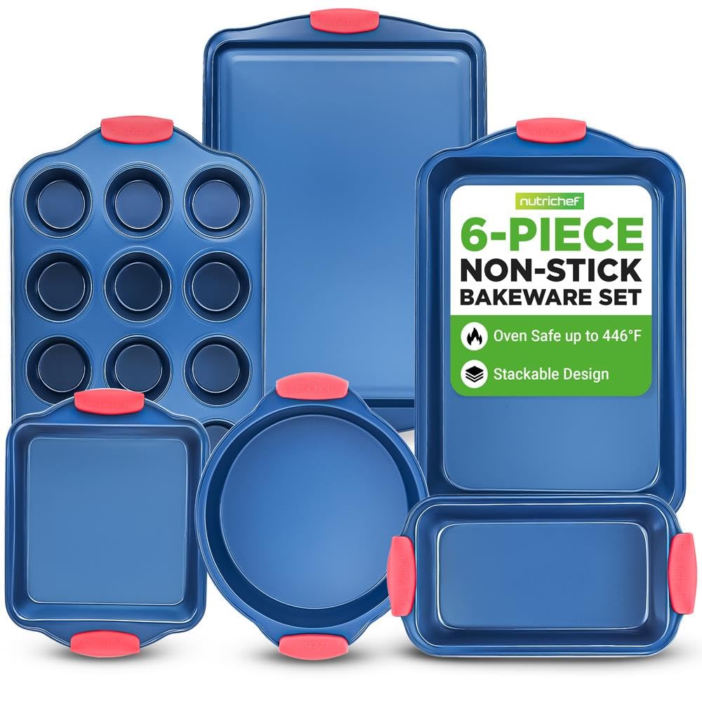 NutriChef juego de 6 moldes, Utensilios horno, Baking set, Reposteria, Antiadherentes, Libres de PFOA, PFOS, PFTEE, Aptos para hornos hasta 230°C (450°F), Mangos de silicona