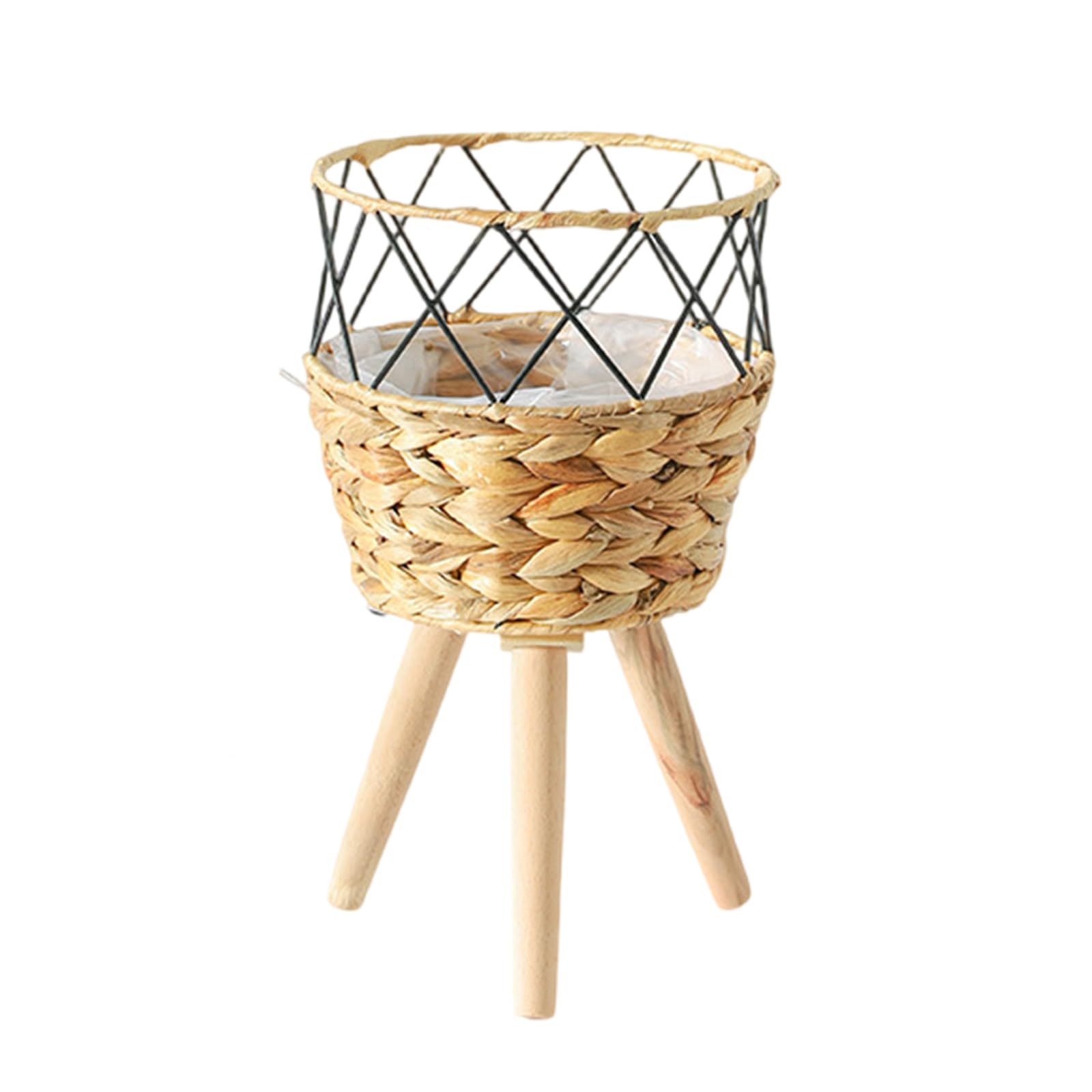HZGFNBZ Indoor Plant Stand Handwoven Cattail Flowerpots with Wooden Floor Planter Basket Rack Shelf for Garden Decors Stand