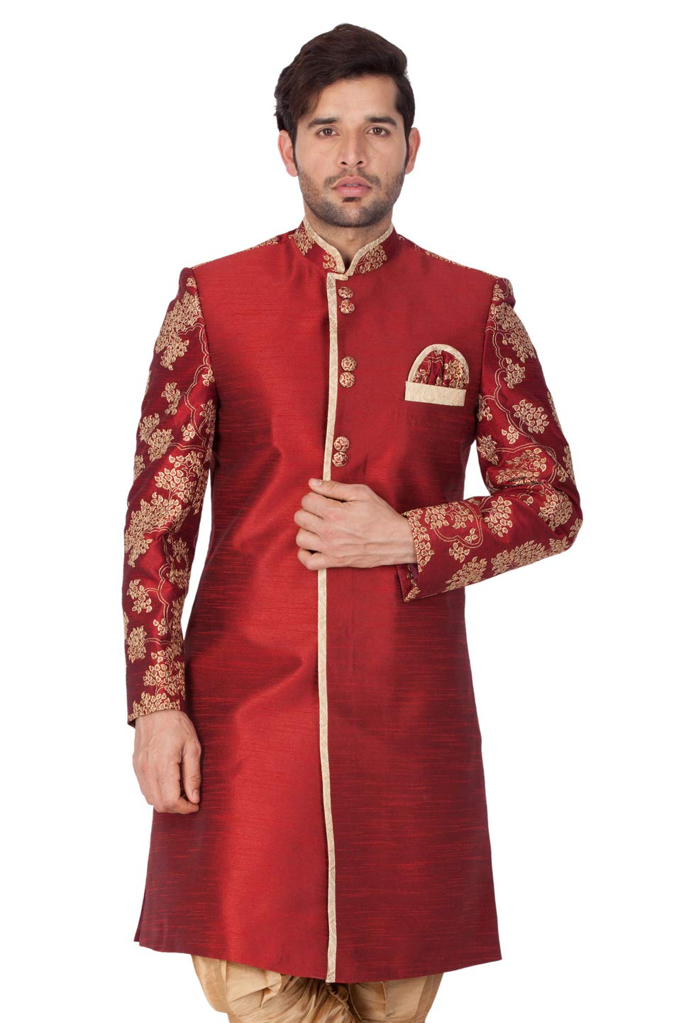 vastramay Men's Maroon n Gold Cotton Silk Blend Sherwani Only Top-picture-32