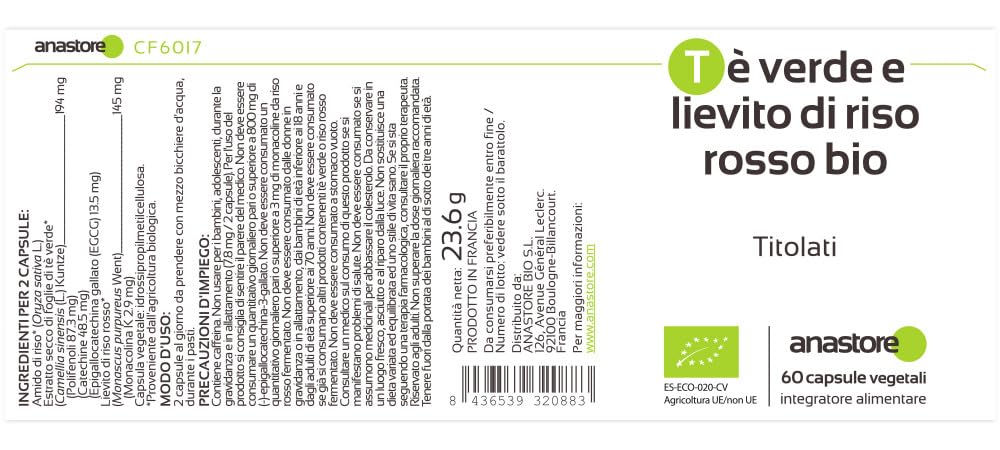 Lievito di riso rosso bio e tè verde bio * 387 mg / 60 capsule * titolato in Monacolina K, in Polifenoli, in Catechine e in EGCG * Antiossidanti.