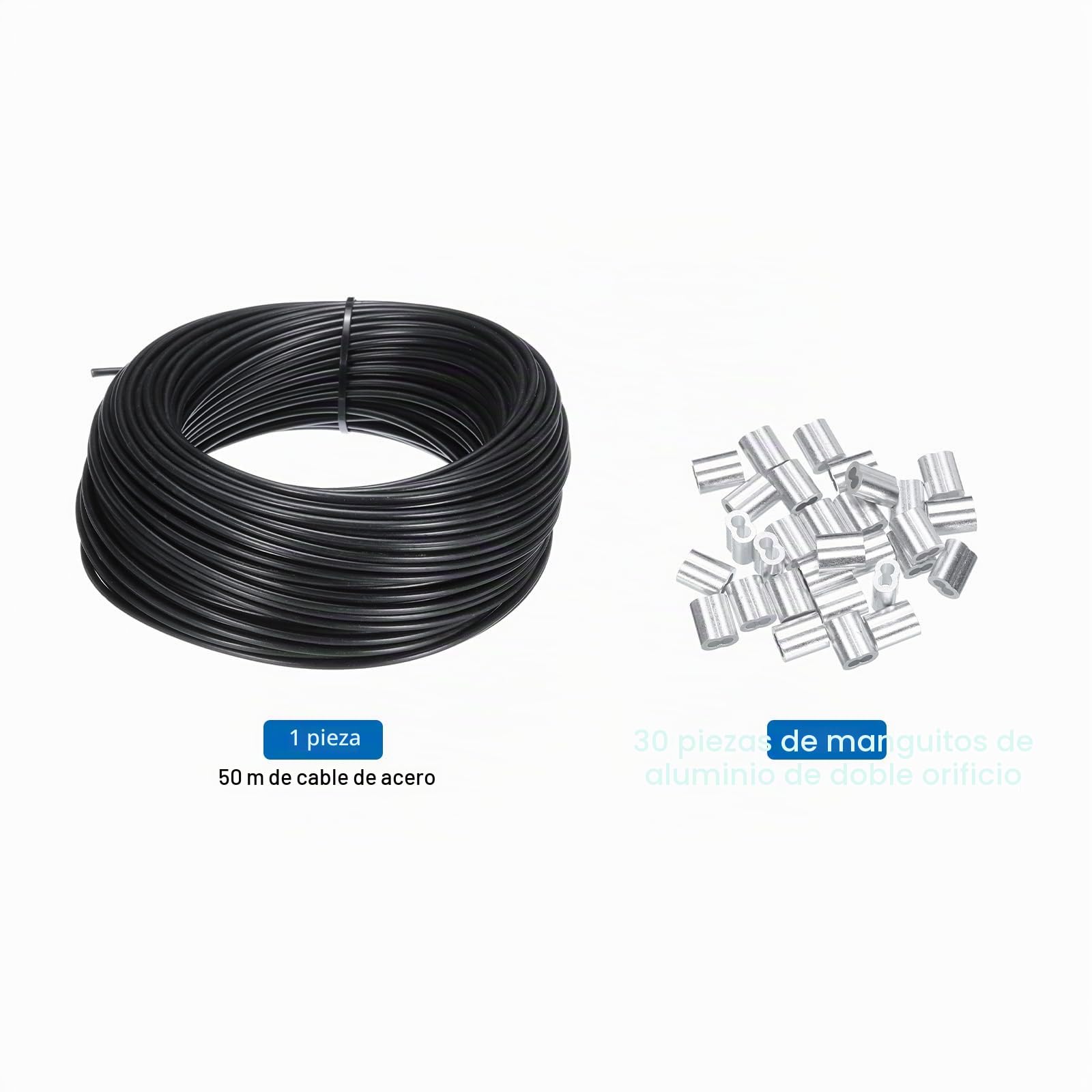 QUARKZMAN 164 Pies (50M) Alambre Cuerda 304 Inoxidable Acero Cable 1/8"(3mm) Vinilo Recubierto con 30uds Aluminio Fundas para Colgar, Tendederos, Levantar Negro