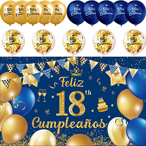 (1+15) Decoración para Cumpleaños 18 Escrita en Español 1 Pancarta Feliz Cumpleños 18 Decoración 18 Años Azul Oro Happy Bithday Fondo Cartel con15 Globos para Cumpleaños Adornos Kit para Cumpleaños