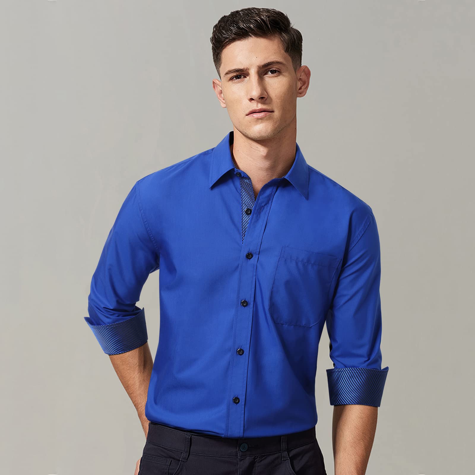 HISDERN Camisa para Hombre Casual Formales Clásico con Botones Camisas de Vestir Cuello de Manga Larga Ajuste Regular