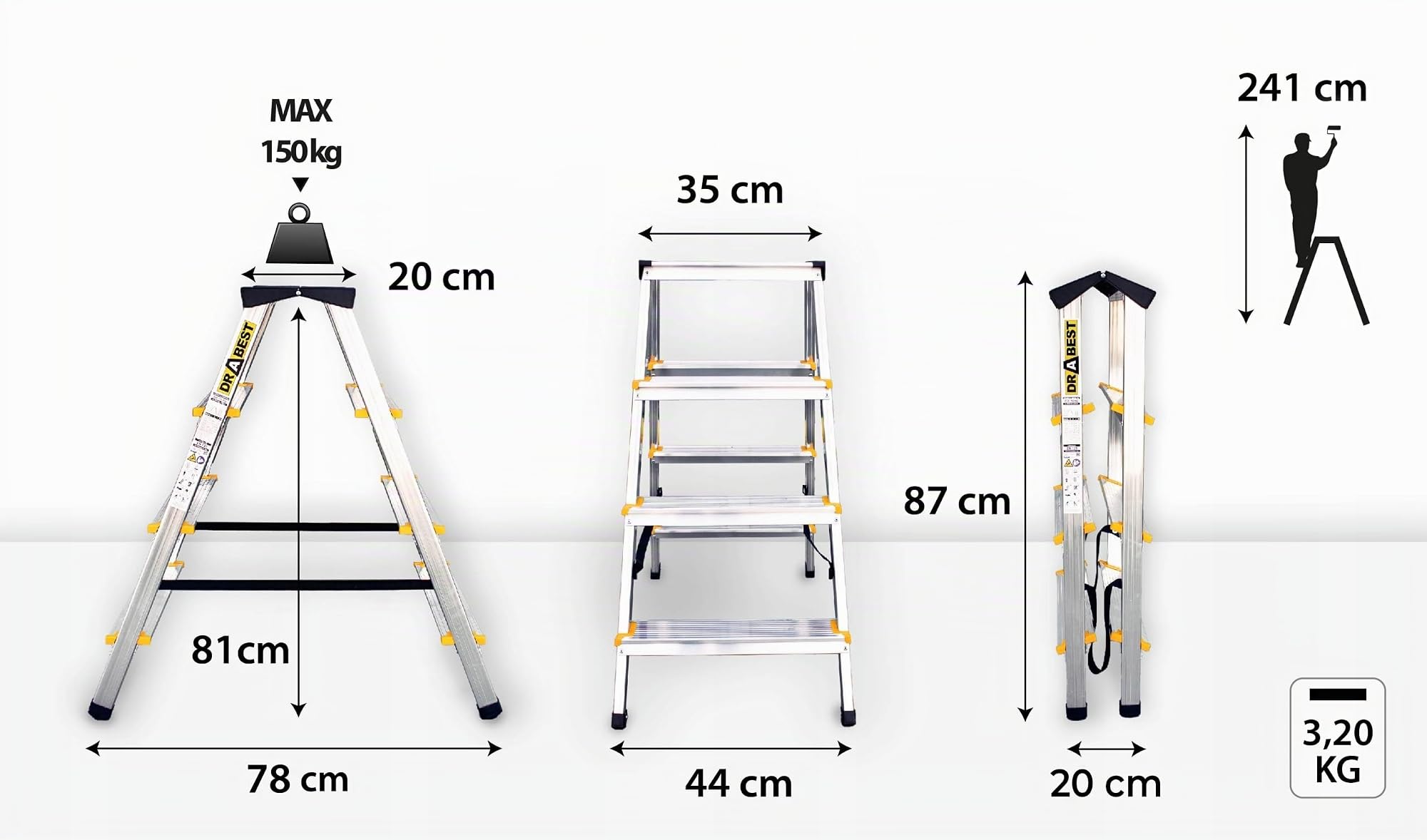 DRABEST SCALETTE SERIE PRO Scala Alluminio 4 gradini Multiuso Scala Doppia Salita Scaletta Certificata Portata max 150 kg…
