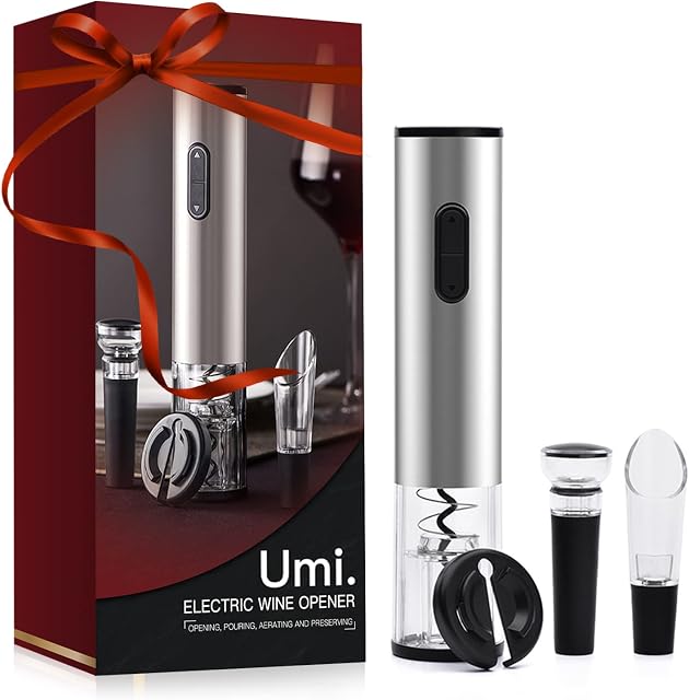 Amazon Brand  Umi Electric Wine Bottle Opener Automatic Corkscrew, Battery Powered Cordless Wine Opener kit, 4-in-1 Accessories Combo foil Cutter, Vacuum Stopper, Wine Pourer - NOT Include Batteries