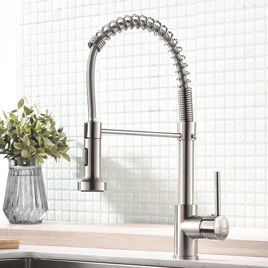 ZQFHSX Kitchen Sink Faucet for Bar Farmhouse Commercial, 2 Function Water Outlet LED Faucets, Brushed Nickel and Black Faucet, Pull Out Mixer Tap(9009n)