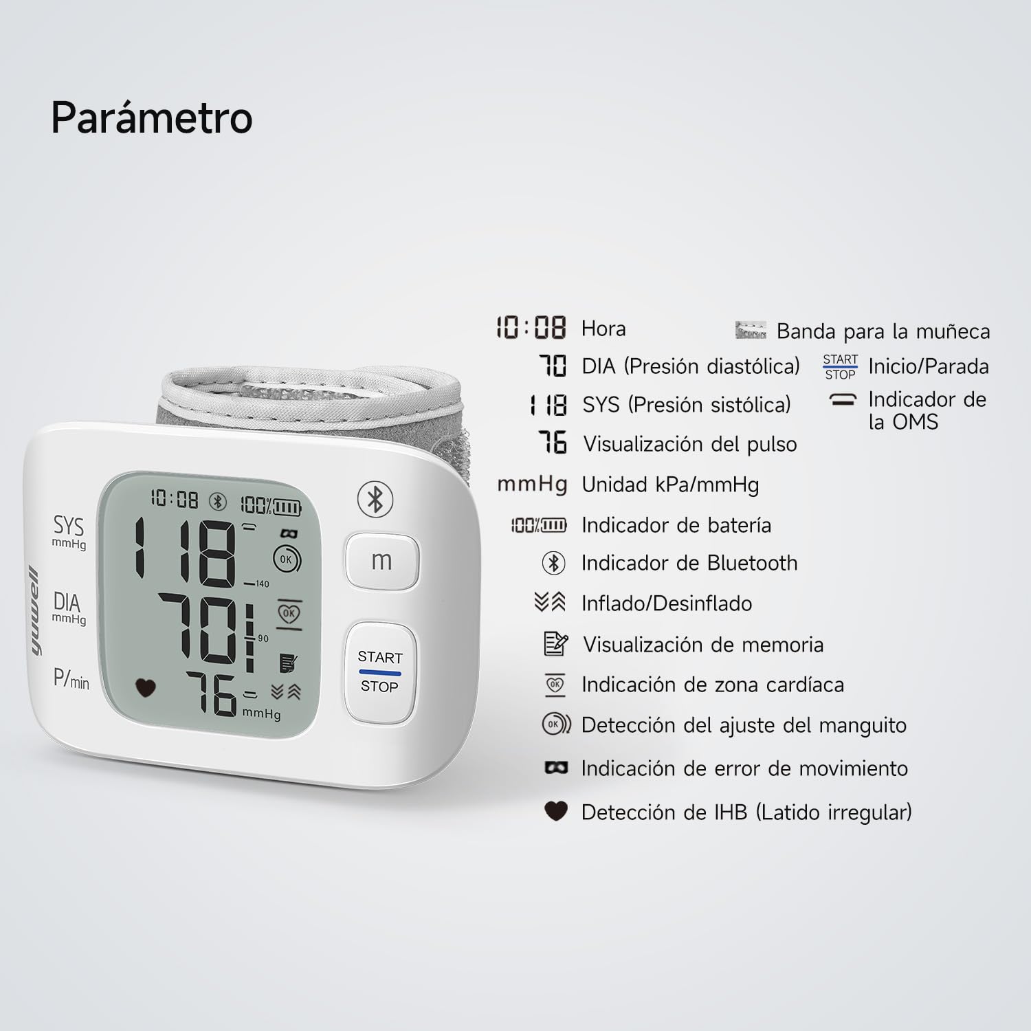 yuwell Tensiómetro de Muñeca Inteligente, con Conexión Bluetooth, Esfigmomanómetro Electrónico con Sensor de Irregularidad del Ritmo Cardíaco, Batería Recargable (YE8800AR)