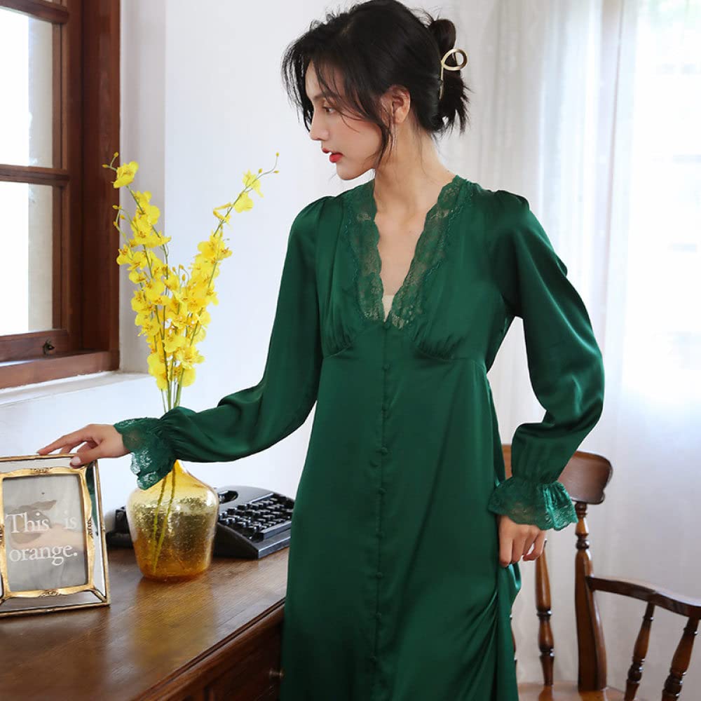 Nachthemd Damen,Damen-Nachthemden Dunkelgrün Satin V-Ausschnitt Spitze Knopf Schlitz Sexy Schlafhemd Weiche Bequeme Lange Ärmel Nachthemd Loungewear Für Damen Mädchen Pyjama Party Weihnachtsnach