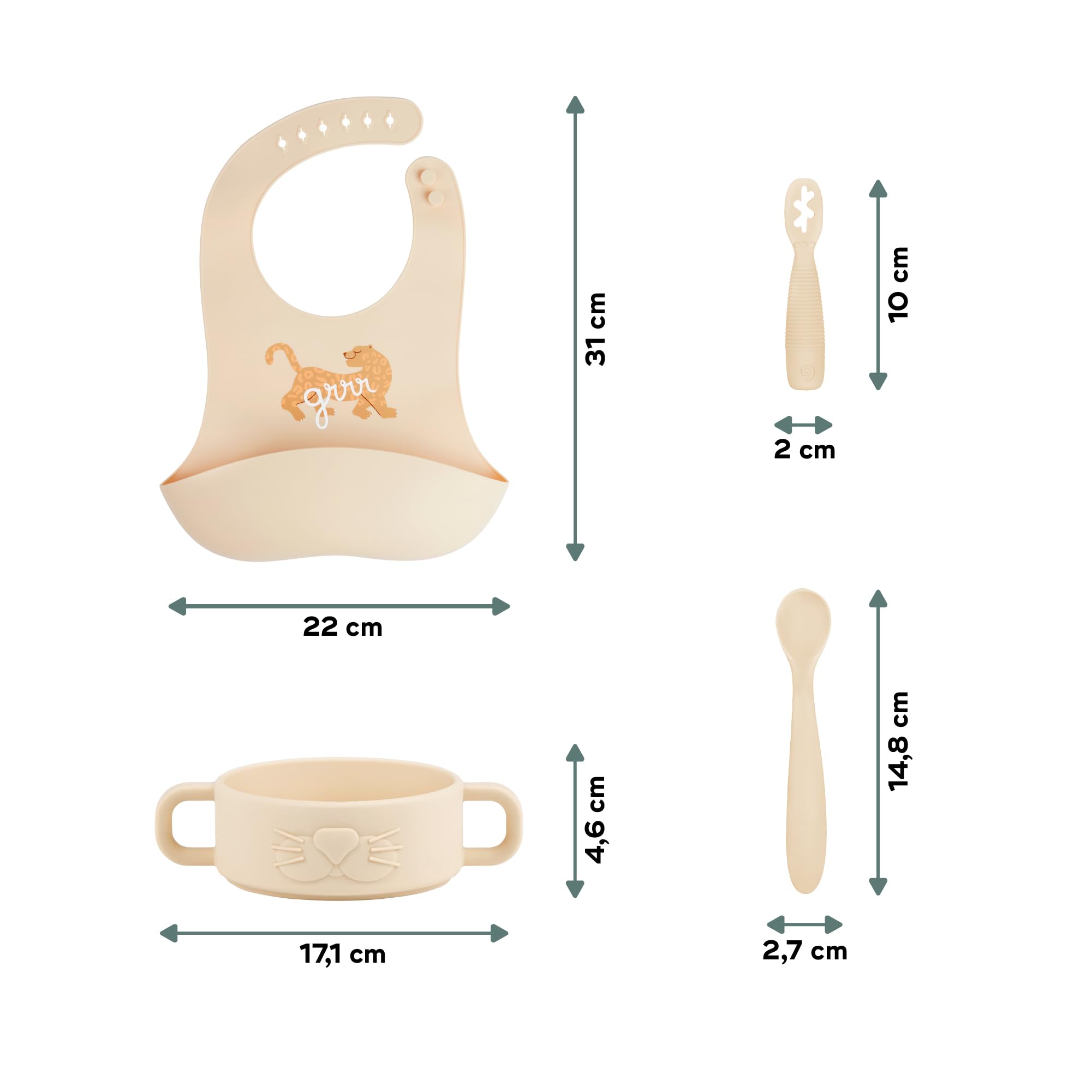 Babymoov Coffret Premiers Repas Bébé en Silicone avec Bol, 2 Cuillères 1er âge, Bavoir Récupérateur – Vaisselle Bébé pour Diversification Alimentaire - Développé avec Ergothérapeute, Mini Roar