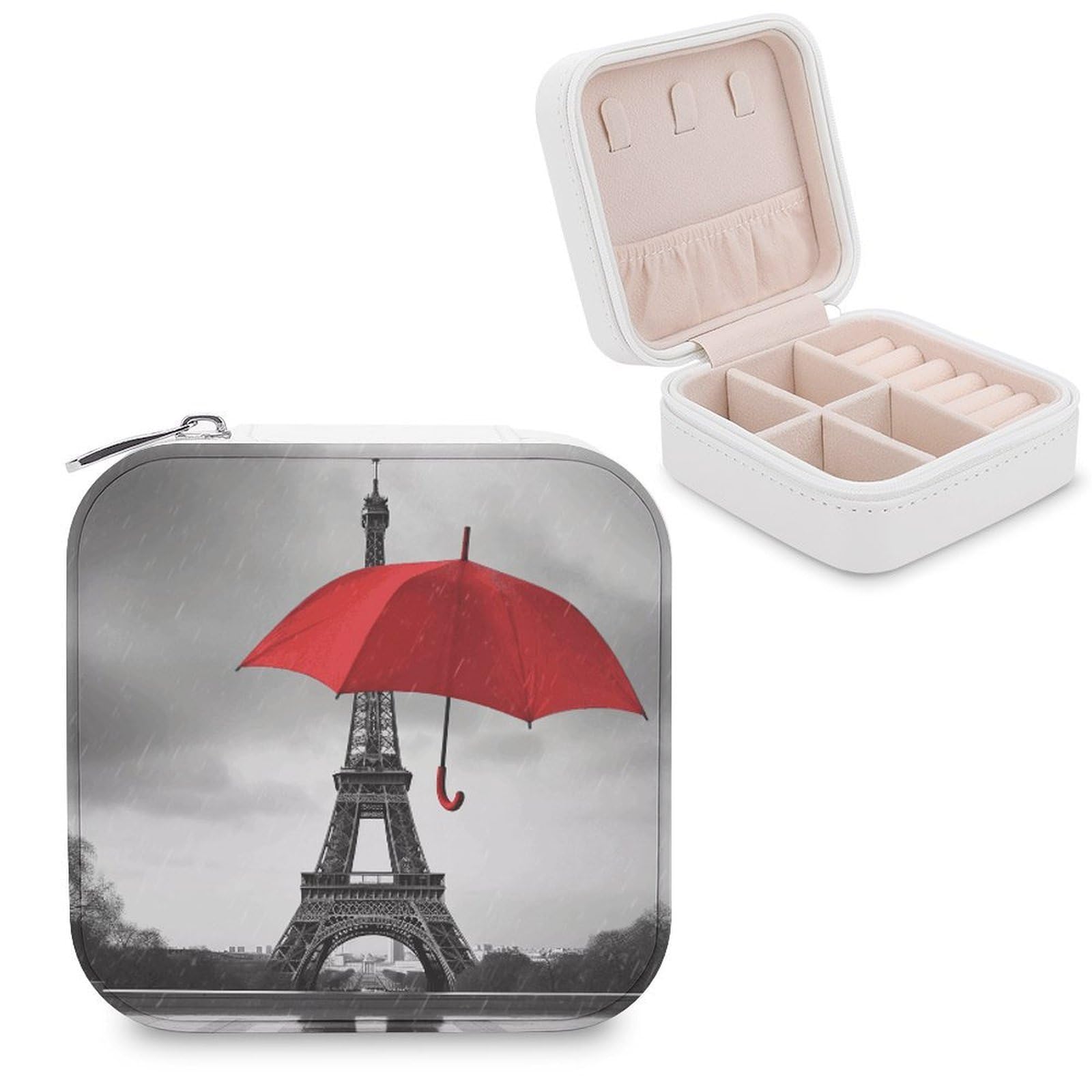 VstaDank Eiffel Tower with Red Umbrella Jewelry Box Exquisite Leather Jewelry Organizer Portable Trinket Organizer Fashion Travel Jewelry Case for Rings Earrings Necklaces Unique Gifts for Women