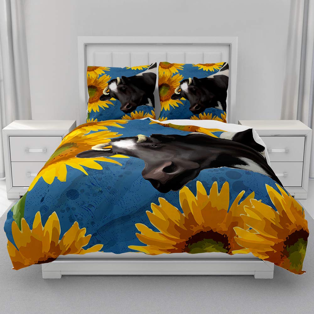 Parure de lit microfibre douce vaches et tournesol avec 2 taies 65x65cm