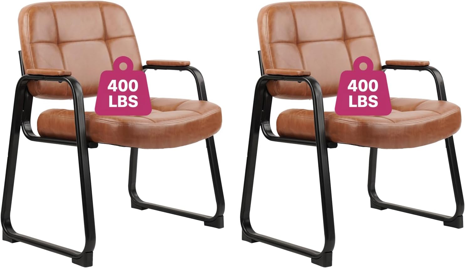 CLATINA Big & Tall 400 lbs Waiting Room Guest Chair, Leather Office Reception Chair No Wheels with Backrest Wide Seat and Padded Arms for Home Office Lobby Conference Waiting Room, Brown, 2PACK