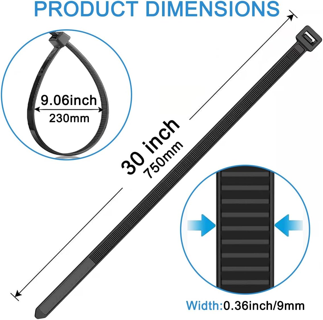 Heavy Duty Zip Ties 0.36 x 30 inch, 50 pcs Extra Large Cable Ties with 175 lbs Strength, UV Resistant Wire Ties, Multi Purpose Self Locking Cable Cord Management, for Outdoor Use(Black)