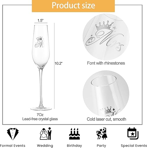 Miniatura 7 de Juego de 2 copas de champán de boda para señor y señora, 7 onzas, copas de champán de cristal para novia y novio, regalos de boda, regalo de