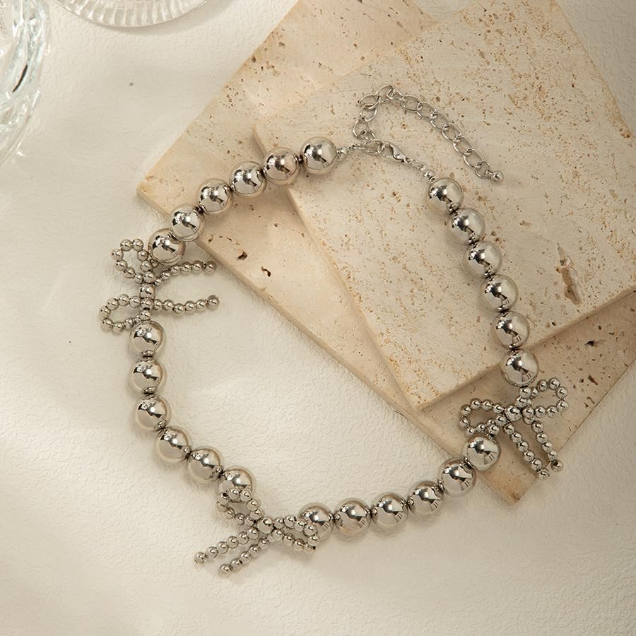 Chunky Gold Bow Necklace for Women Bow Beaded Choker Gold Chain Necklace Bow Jewelry - Image 4