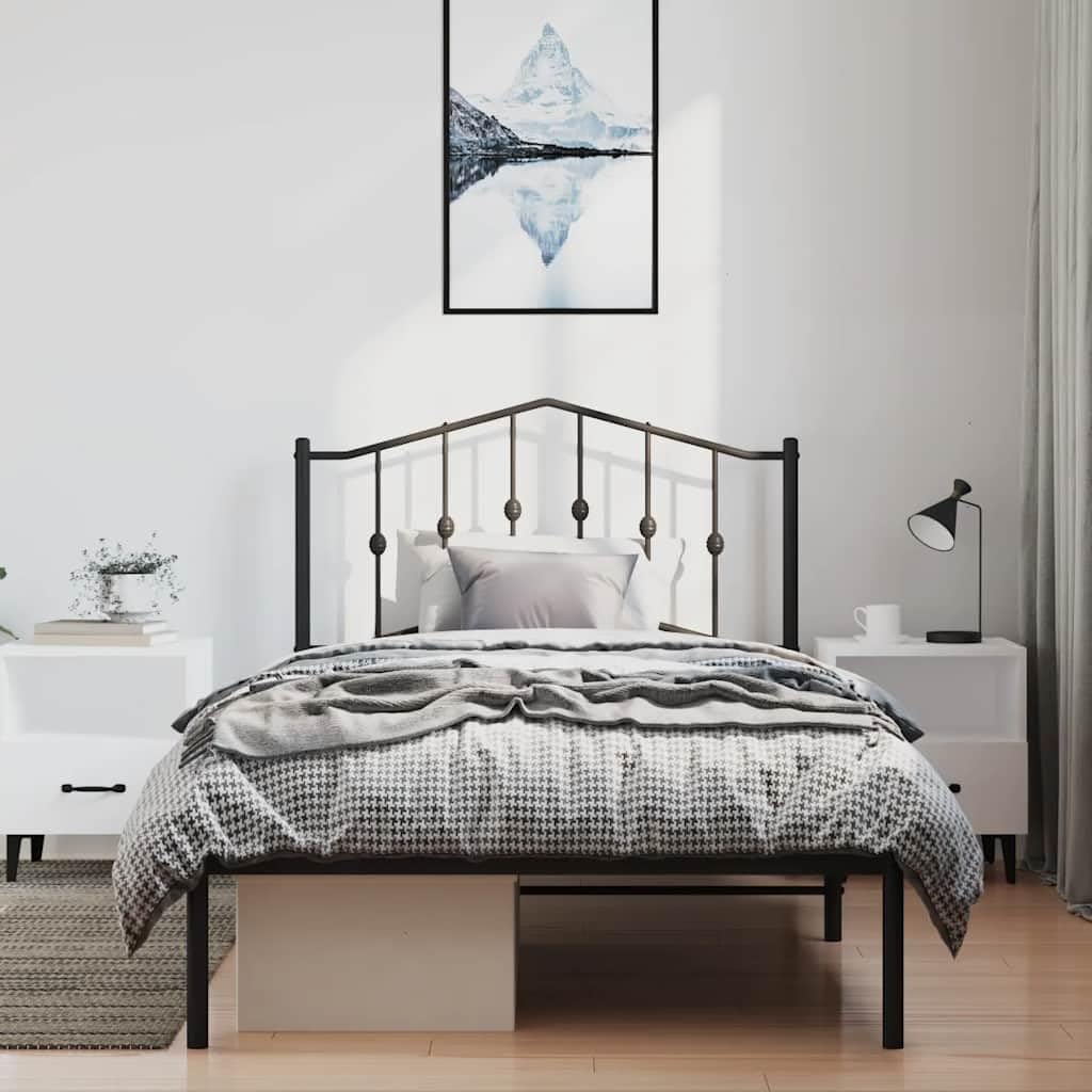 Twin Bed Frame Black Steel Modern Platform with Sturdy Slatted Foundation and Headboard, Durable Heavy-Duty Minimalist Furniture for Bedroom Mattress Support