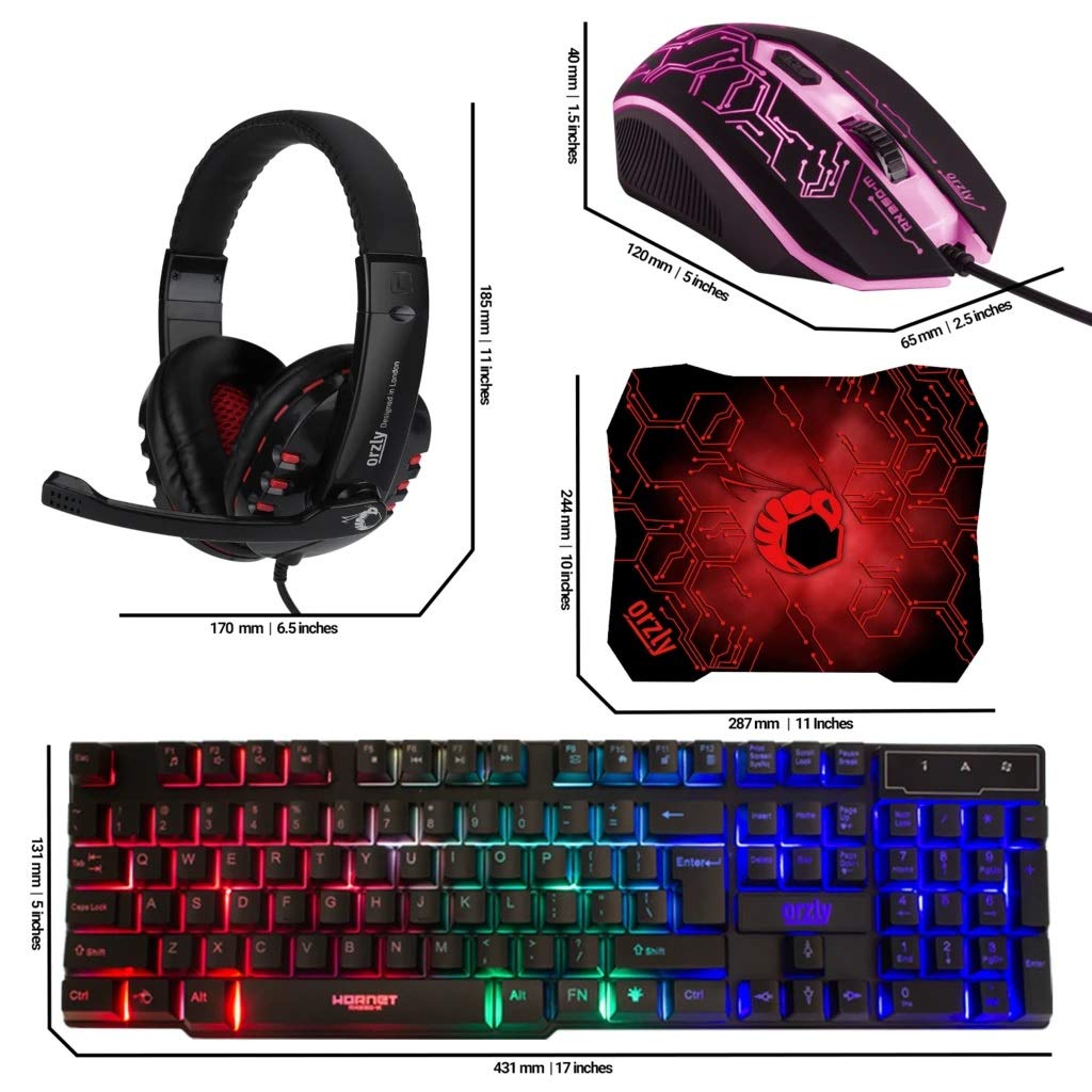 Orzly Kit de Jeu Rx250 4 en 1 composé d’Un Clavier rétroéclairé RVB [Disposition AZERTY] d’Une Souris [jusqu'à 3200 DPI] d’Un Casque de Jeu et d’Un Tapis de Souris Grand Format pour PC, Xbox, PS4