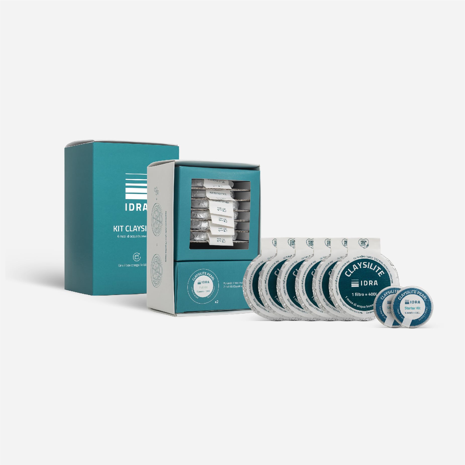 IDRA Water, Box 6 Filtri Acqua Rubinetto Claysilite, Compatibili con Caraffa Filtrante IDRA Living, Capacità Filtrante 400 L, Riducono Cloro, Calcare, PFOS e Metalli (>0.2 µm), Made in Italy