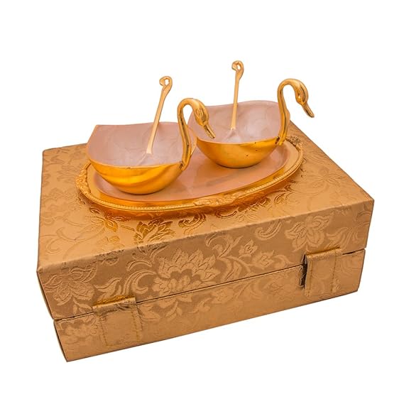 Jaipur Ace Wedding Gifts Swan Shaped Brass Bowls (2 Swan Shaped Bowl: 2 Spoon: 1 Tray)