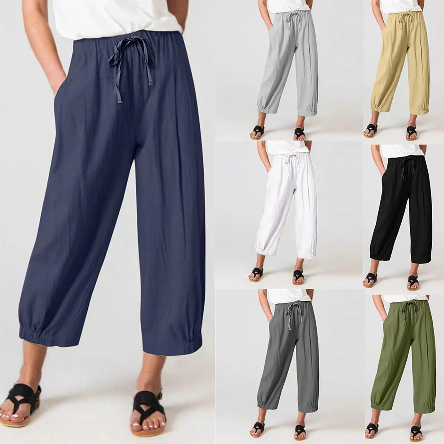 Women High Waist Casual Wide Leg Palazzo Pants Linen Drawstring Cropped Pants Trousers Regular Size - Image 3