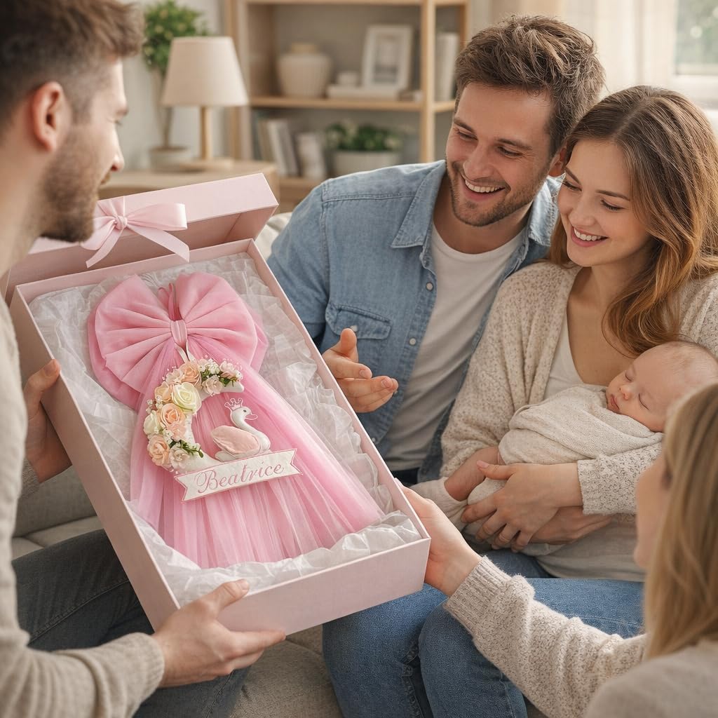 ZAIRISE - Fiocco Nascita Personalizzato con Nome Ricamato, Tulle Rosa con Cigno e Fiori in Tessuto, Fatto a Mano in Italia, pronto da Appendere, Idea Regalo Neonato Femmina, Elegante (Rosa)