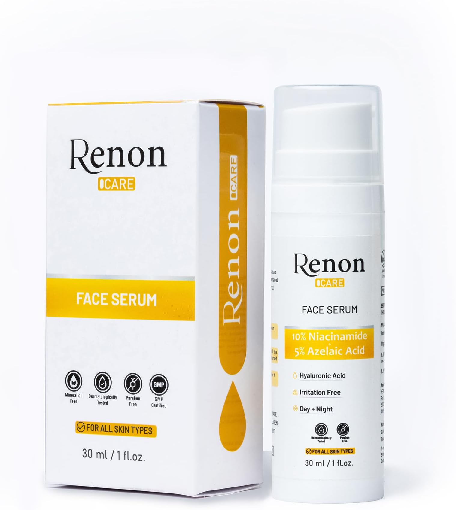 Renon 10% Niacinamide + Hyaluronic Acid Serum | Azelaic Acid Serum for Clear Glowing Skin | Serum for Dry skin | Face Serum for Oily skin | Face serum for women | Face serum for Men | Derma Tested